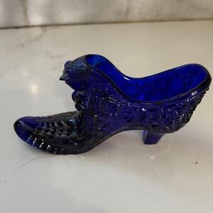 Vintage Fenton cobalt blue glass slipper daisy and button glass shoe